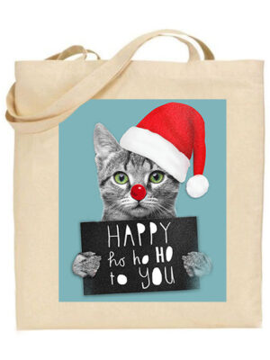 Τσάντα tote χριστουγεννιάτικη/Santa claus cat, χριστουγεννιάτικη υφασματινη τσάντα.με σχέδιο γάτα,χριστουγεννιάτικος σκούφος,χιουμοριστικό,Υφασμάτινες τσάντες με σχέδιο,βαμβακερές,tote bags,cotton bags,τσάντες με τύπωμα,στάμπα.