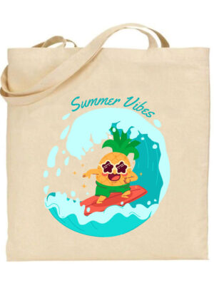 Τσάντα tote/Summer vibes, Τσάντα με σχέδιο ανανάς που κάνει surf, Υφασμάτινες τσάντες με σχέδιο,βαμβακερές,tote bags,cotton bags,τσάντες με τύπωμα,στάμπα.