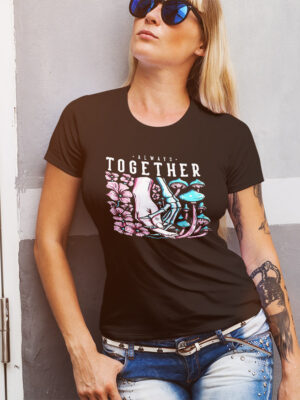 Γυναικείο μπλουζάκι με στάμπα/Αlways together, Women's t-shirt,black,mushroom and skeleton hand,pink letters. μπλουζάκι κοντομάνικο.με σχέδιο,ρομαντικό.