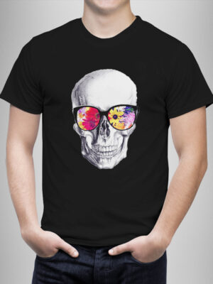 Μπλουζάκι με στάμπα/Floral sunglasses skull, μπλουζάκι κοντομάνικο,μάυρο με τύπωμα νεκροκεφαλή με γυαλιά ,λουλούδια,μαύρο μπλουζάκι με στάμπα,μπλουζάκι κοντομάνικο,μπλουζάκι με σχέδιο,t-shirt με σχέδιο,ανδρικό t-shirt,βαμβακερό μπλουζάκι.