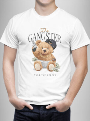 Μπλουζάκι με στάμπα/Gangster bear, white t-shirt with bear design,gangster μπλουζάκι κοντομάνικο,με τύπωμα αρκουδάκι με στύλ,λευκό μπλουζάκι με στάμπα,μπλουζάκι κοντομάνικο,μπλουζάκι με σχέδιο,t-shirt με σχέδιο,ανδρικό t-shirt,βαμβακερό μπλουζάκι.