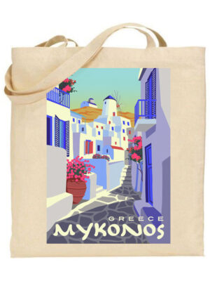 Τσάντα tote/Mykonos, mykonos tote bag,summer print. τσάντα με στάμπα,Μύκονος,Ελληνικά νησιά,Υφασμάτινες τσάντες με σχέδιο,βαμβακερές,tote bags,cotton bags,τσάντες με τύπωμα,στάμπα.