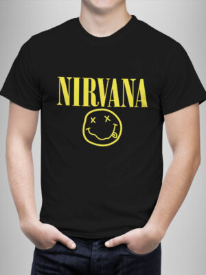 Μπλουζάκι με στάμπα/Nirvana smile, t-shirt με τύπωμα νιρβάνα μουσικό συγκρότημα,μάυρο ρόκ,μαύρο μπλουζάκι με στάμπα,μπλουζάκι κοντομάνικο,μπλουζάκι με σχέδιο,t-shirt με σχέδιο,ανδρικό t-shirt,βαμβακερό μπλουζάκι.