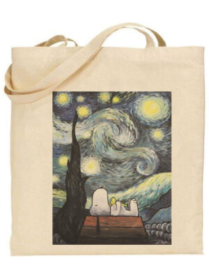 Τσάντα tote/Snoopy in Van Gogh, υφασμάτινη τσάντα με τύπωμα σνούπι μέσα σε πίνακα του van gogh. snoopy,painting,Υφασμάτινες τσάντες με σχέδιο,βαμβακερές,tote bags,cotton bags,τσάντες με τύπωμα,στάμπα.