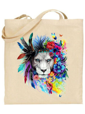 Τσάντα tote/Fierce Lion, tote bag,with lion print,floral,colorful, τσάντα με σχέδιο,λιοντάρι,πολύχρωμο,λουλούδια,άγρια ζώα,Υφασμάτινες τσάντες με σχέδιο,βαμβακερές,tote bags,cotton bags,τσάντες με τύπωμα,στάμπα.