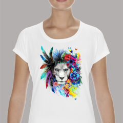 Γυναικείο μπλουζάκι με στάμπα/Watercolor lion, μπλουζάκι με τύπωμα , λιοντάρι,φύση,λουλούδια,πολύχρωμο, lion,fierce,t-shirt,white tee.