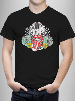 Μπλουζάκι με στάμπα/Rolling stones, t-shirt,with colorful print,rock band,floral, μπλουζάκι με τύπωμα,ροκ,μουσική,μαύρο μπλουζάκι με στάμπα,μπλουζάκι κοντομάνικο,μπλουζάκι με σχέδιο,t-shirt με σχέδιο,ανδρικό t-shirt,βαμβακερό μπλουζάκι.