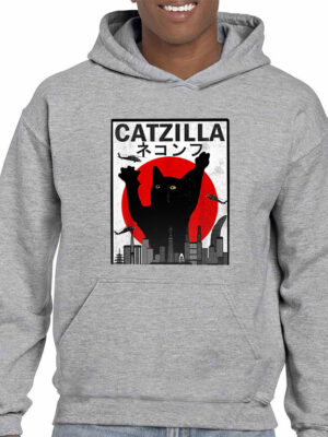 Aνδρικό φούτερ/Catzilla, Φούτερ γκρί,με τύπωμα,γάτα,αστείο,funny,cat,godzilla,φούτερ με στάμπα,ανδρικά φούτερ,χειμερινό φούτερ.