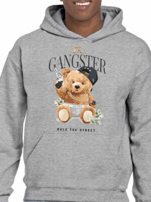 Ανδρικό φούτερ/Gangster bear, Φούτερ γκρί, με τύπωμα,αρκουδάκι γκάνγκστερ,χιουμοριστικό,bear,animals,funny,φούτερ με στάμπα,φούτερ ανδρικό,φούτερ με κουκούλα και τσέπες,φούτερ με εκτύπωση.